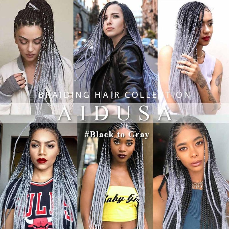 AIDUSA Ombre Braiding Hair Gray Braiding Hair Extensions 5pcs Synthetic Braids 24 Inch 2 Tones Gray Hair for Box Braids Crochet Braids 100g (#28 Black to Grey) - Image 3